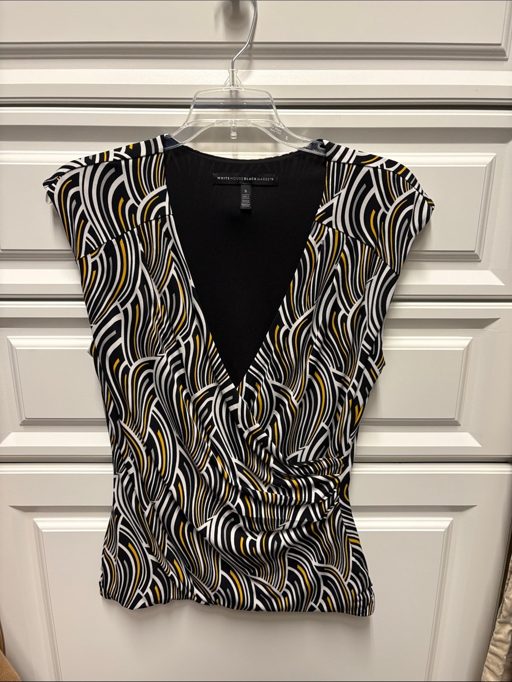 White House black market - Black White and Yellow Abstract Wrap-Front Blouse